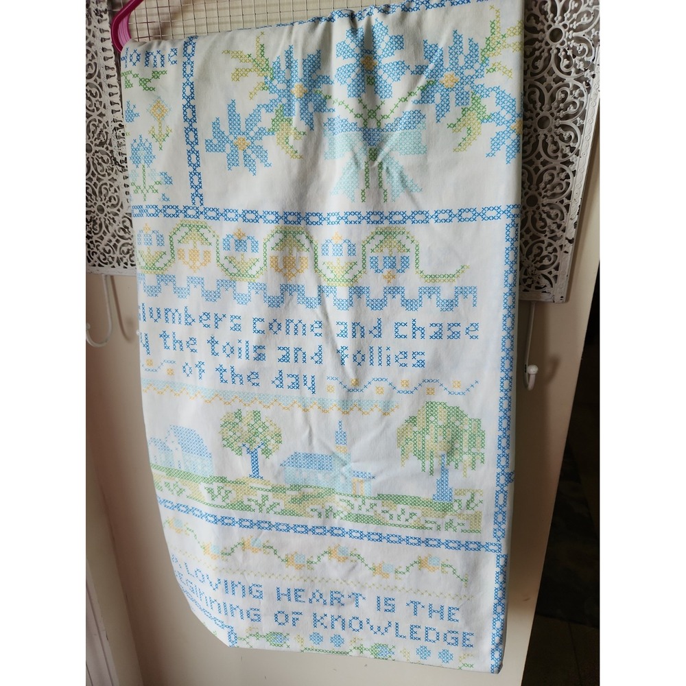 Vtg 70's Perma-Prest Full Flat Sheet Faux Cross Stitch Cottagecore Country